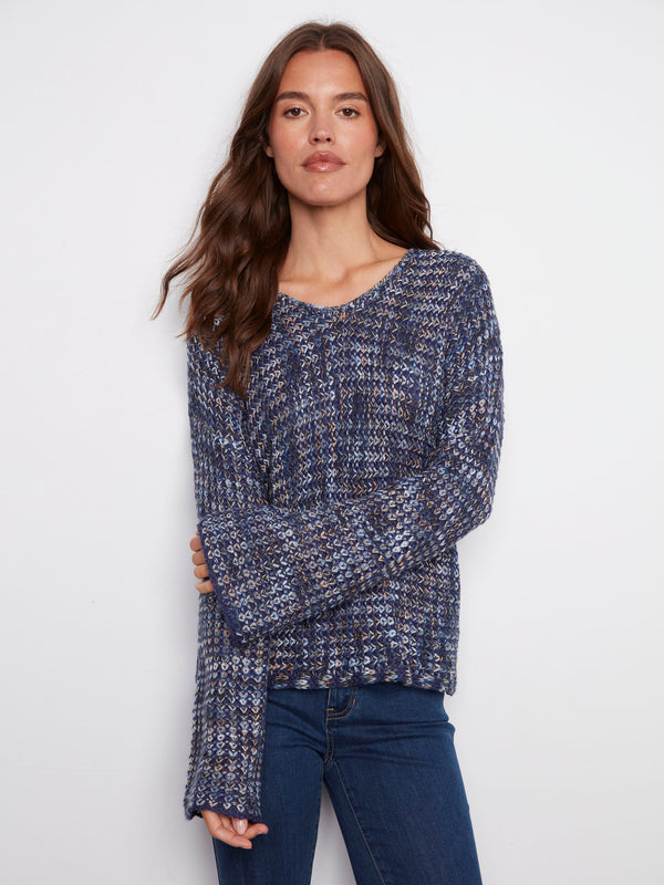 Blue multi-tone crochet sweater featuring a V-neckline crafted from novelty yarn for a stylish look by Charlie B.