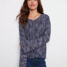 Blue multi-tone crochet sweater featuring a V-neckline crafted from novelty yarn for a stylish look by Charlie B.