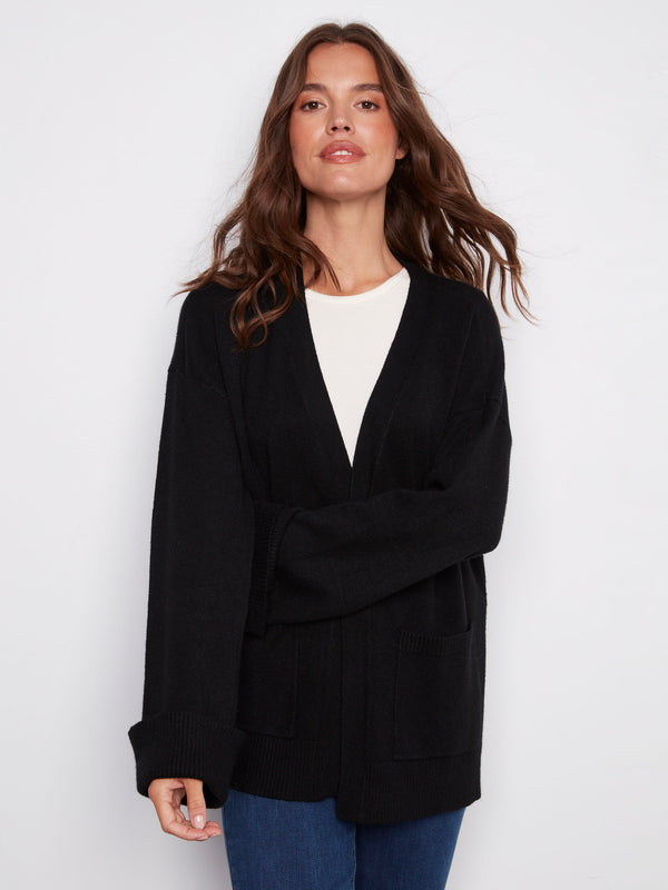 Classic black cardigan designed with an open front to enhance your casual or formal ensemble by Charlie B.