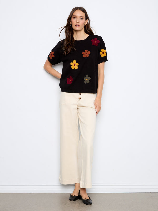 Cotton Floral Embroidered Short Sleeve Sweater - Black