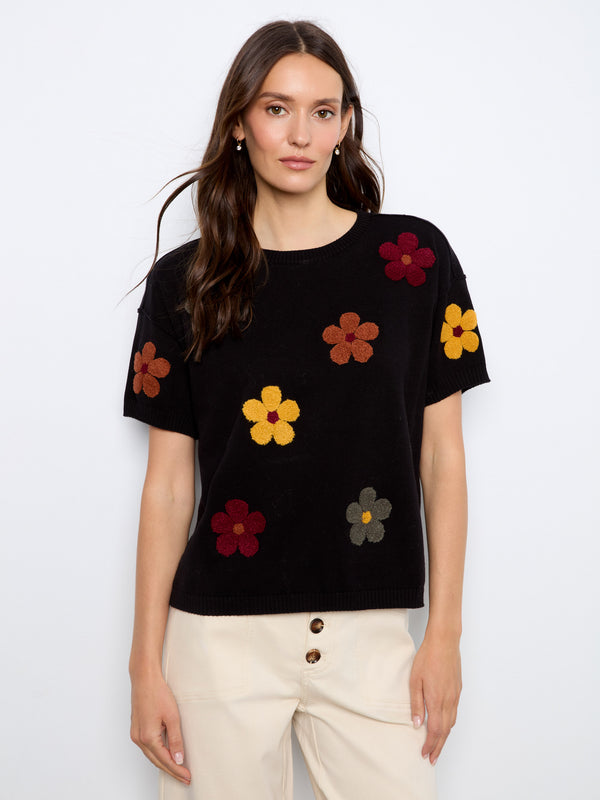 Cotton Floral Embroidered Short Sleeve Sweater - Black