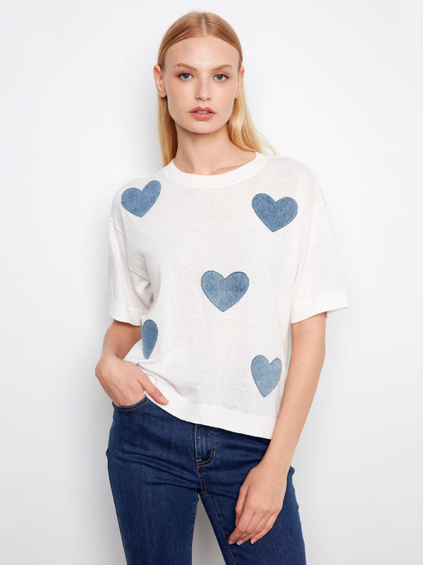 Short Sleeve Denim Hearts Sweater - Hearts