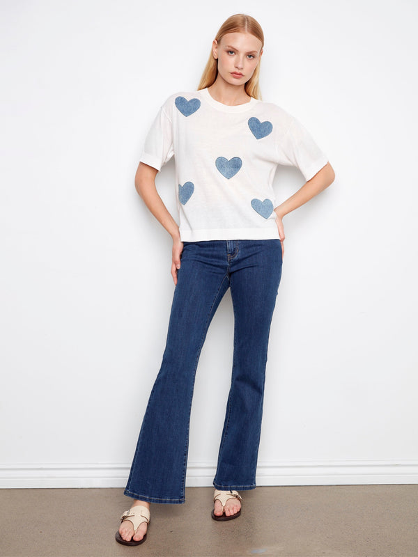 Short Sleeve Denim Hearts Sweater - Hearts