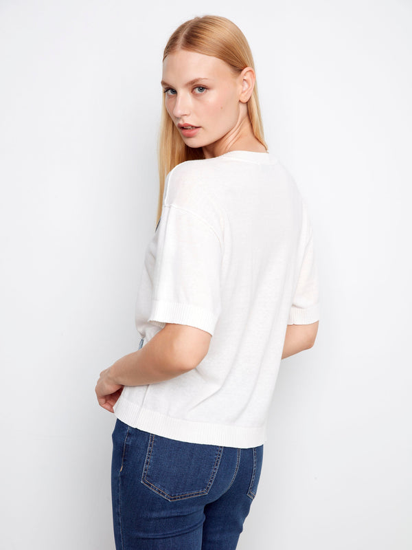 Short Sleeve Denim Hearts Sweater - Hearts