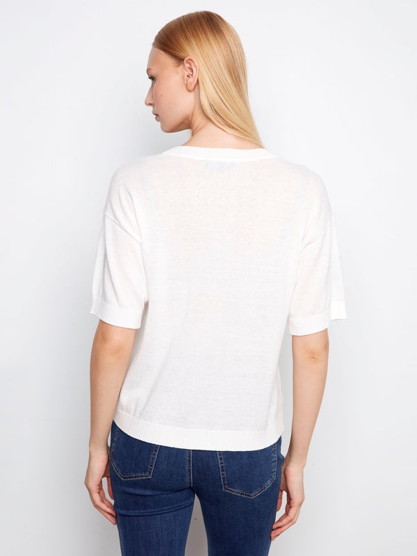 Short Sleeve Denim Hearts Sweater - Hearts