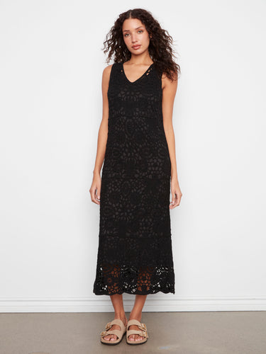 Stylish black crochet dress with intricate patterns and a flattering V-neckline, perfect for any occasion by Charlie B.