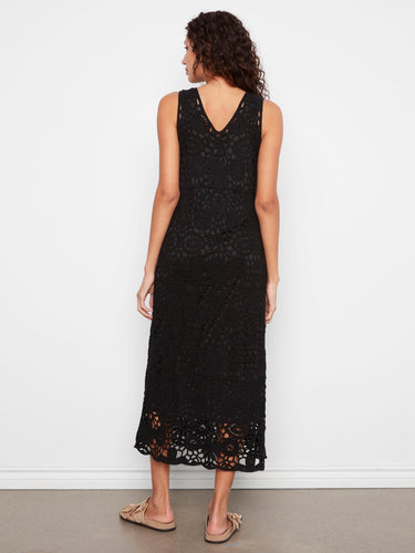Beautifully crafted black maxi dress with a unique crochet design, offering both elegance and breathability by Charlie B.