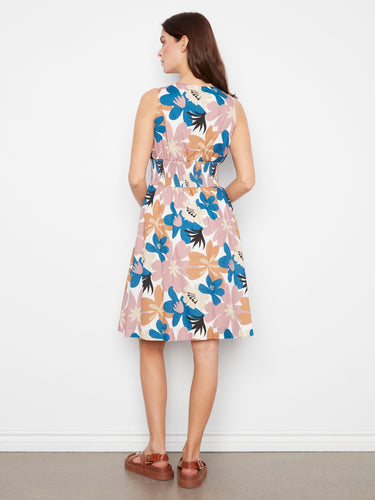Elegant sleeveless dress in navy blue with a flattering V-neckline and stylish design by Charlie B.