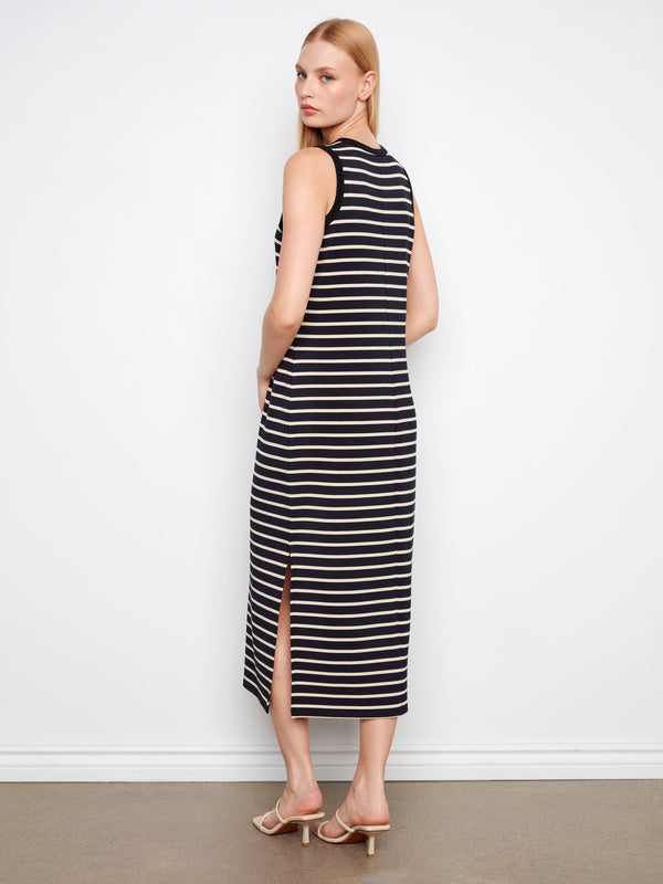 Chic black sleeveless scuba dress in stripes, showcasing a graceful maxi length style by Charlie B.
