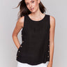 Black linen tank top with a high-low hemline by Charlie B.