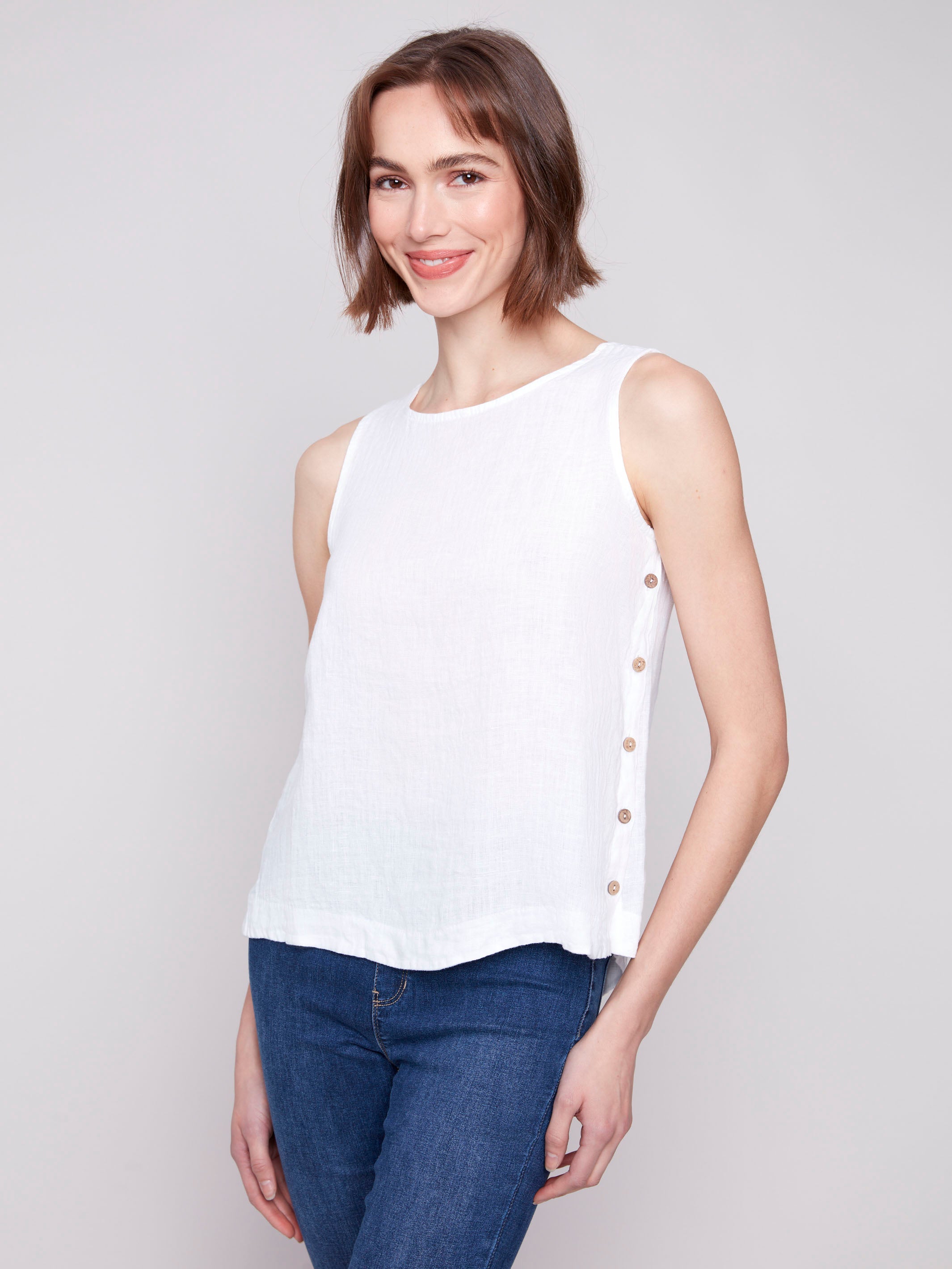 White linen tank top with a stylish crew neckline by Charlie B.