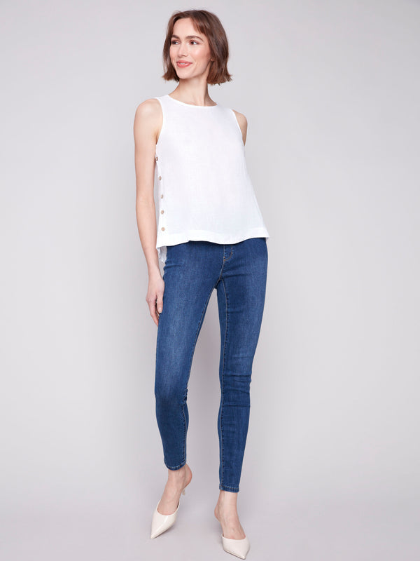 Fashion-forward crew neck and high-low hem combo on linen top by Charlie B.