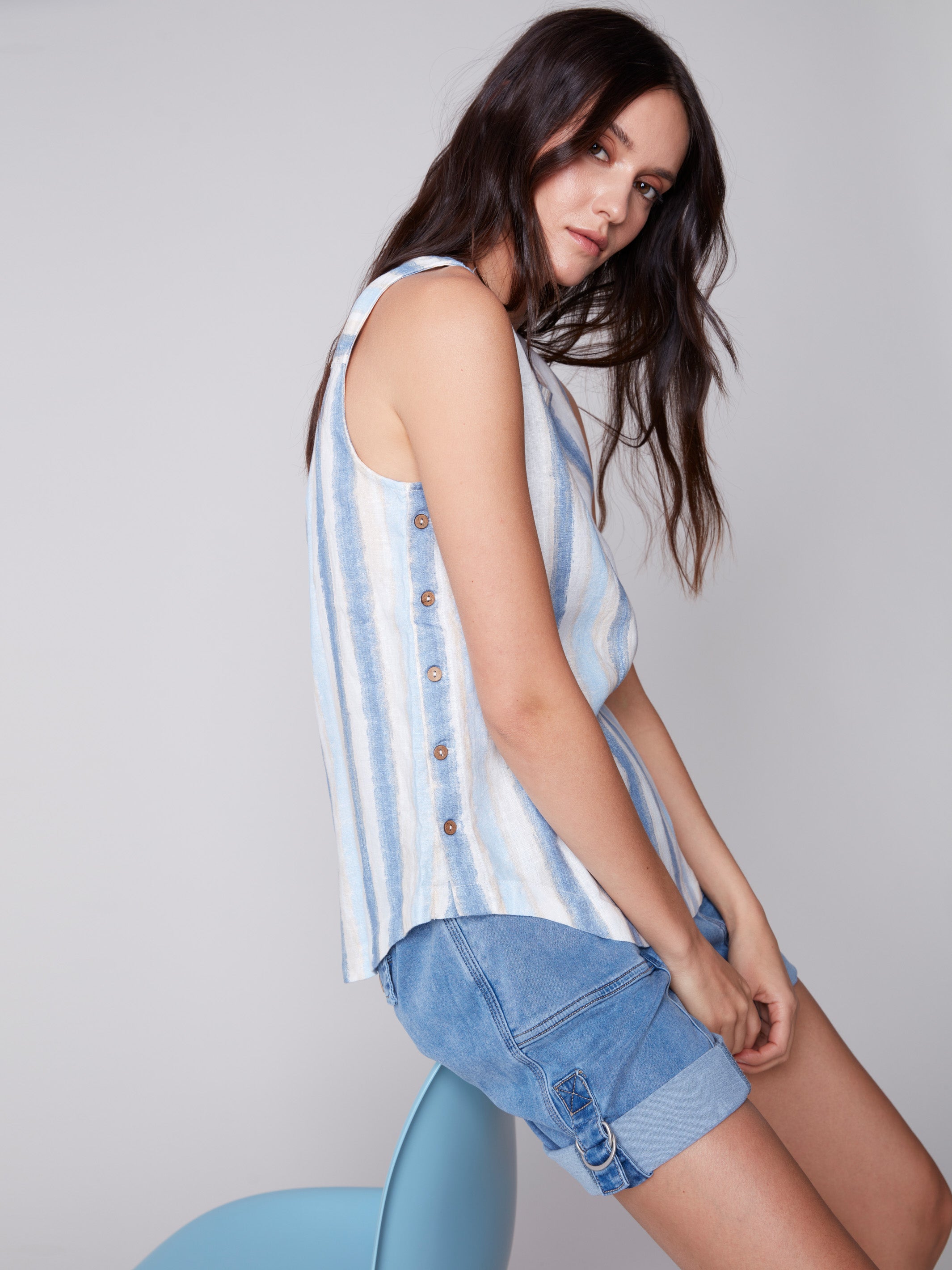 Charlie B Sleeveless Top With Scallop Edge And Back Button Detail Fog