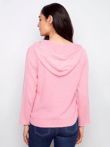 Fashionable pink hoodie with soft bubble texture, perfect for casual wear by Charlie B.