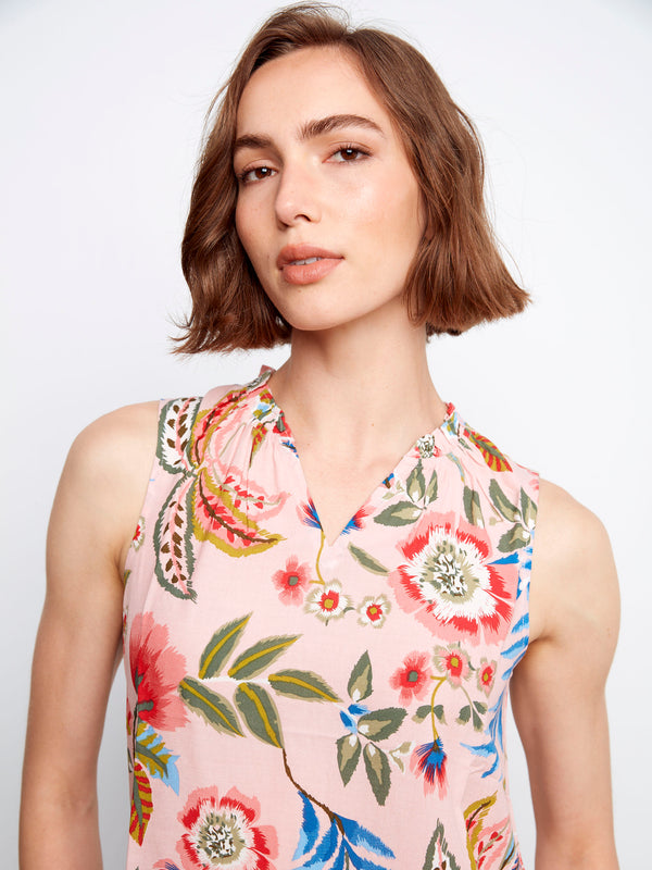 Printed Sleeveless Ruffle Neck Top - Gardenia