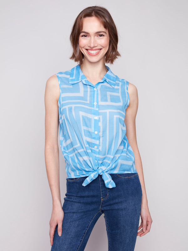 Sleeveless bluebell shirt featuring an adjustable front tie by Charlie B.