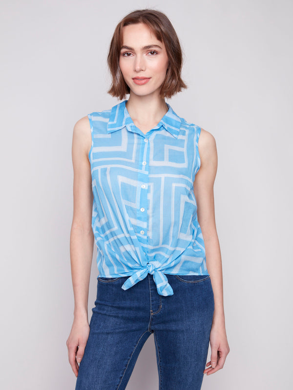 Geometric printed bluebell shirt with button-down style by Charlie B.