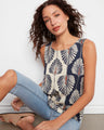 Abstract Tahiti-colored linen blend blouse, designed with a rounded hem and elegant scoop neckline by Charlie B.
