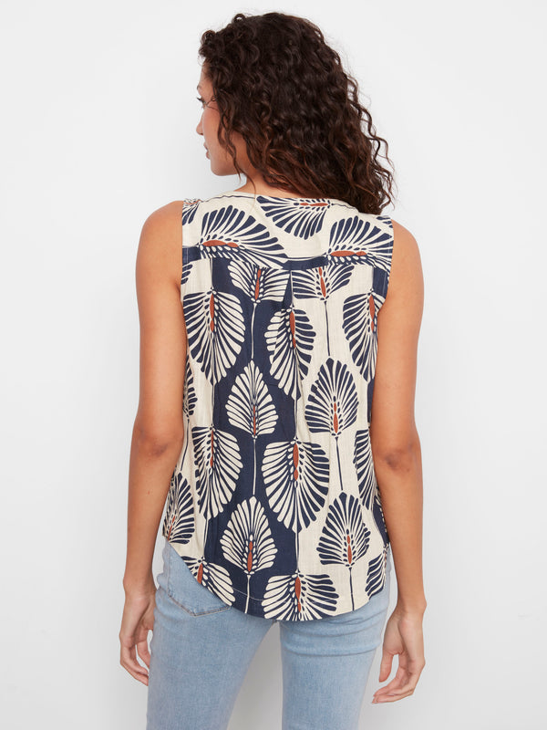 Sleeveless serene blue floral print linen blend blouse, elegantly crafted with a rounded hem by Charlie B.