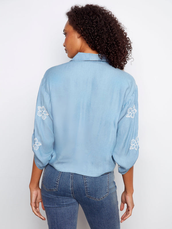 Embroidered Tencel Blouse With Front Tie - Light Blue
