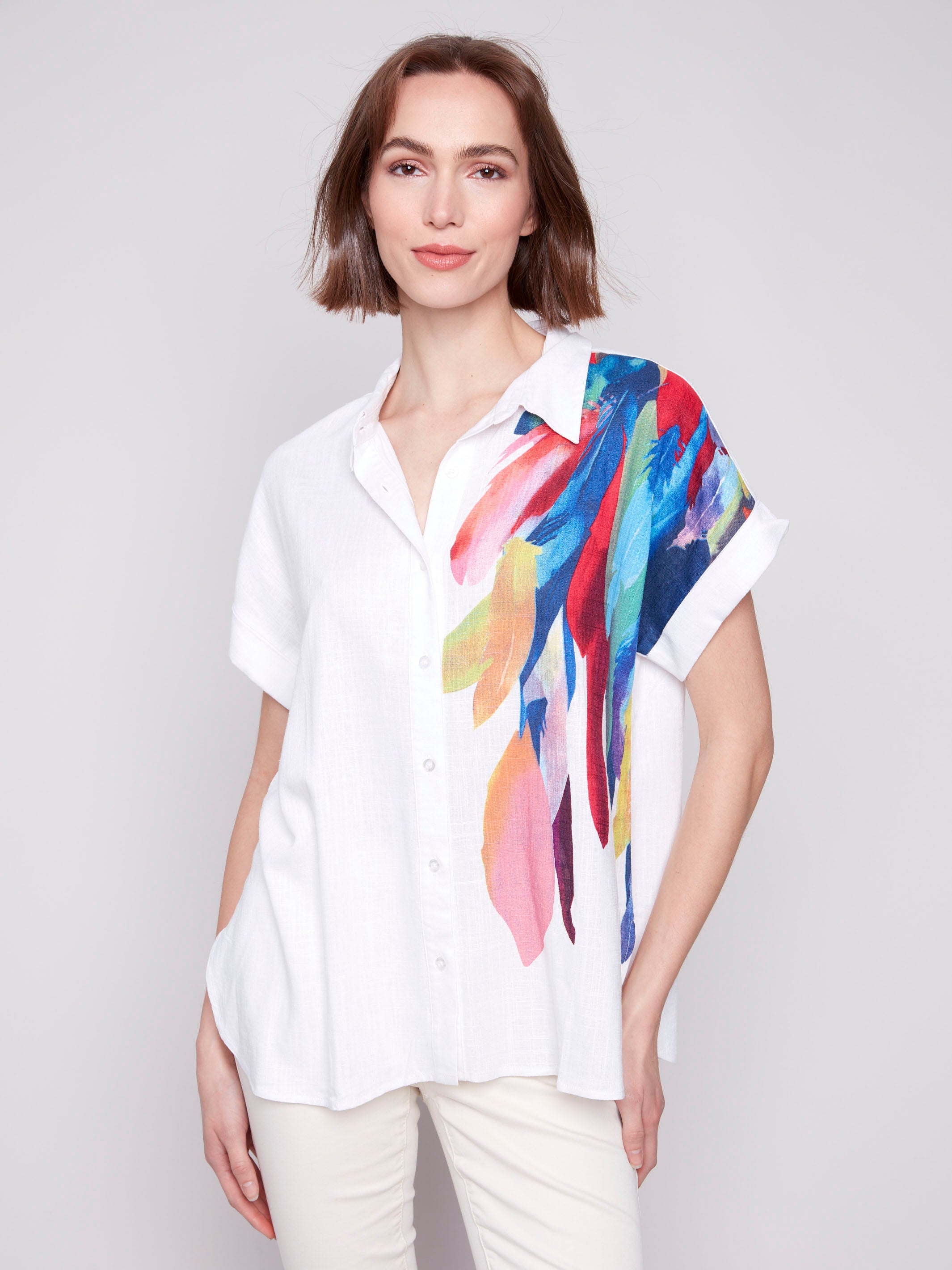 Colorful feather print shirt with a stylish collar by Charlie B.