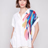 Colorful feather print shirt with a stylish collar by Charlie B.