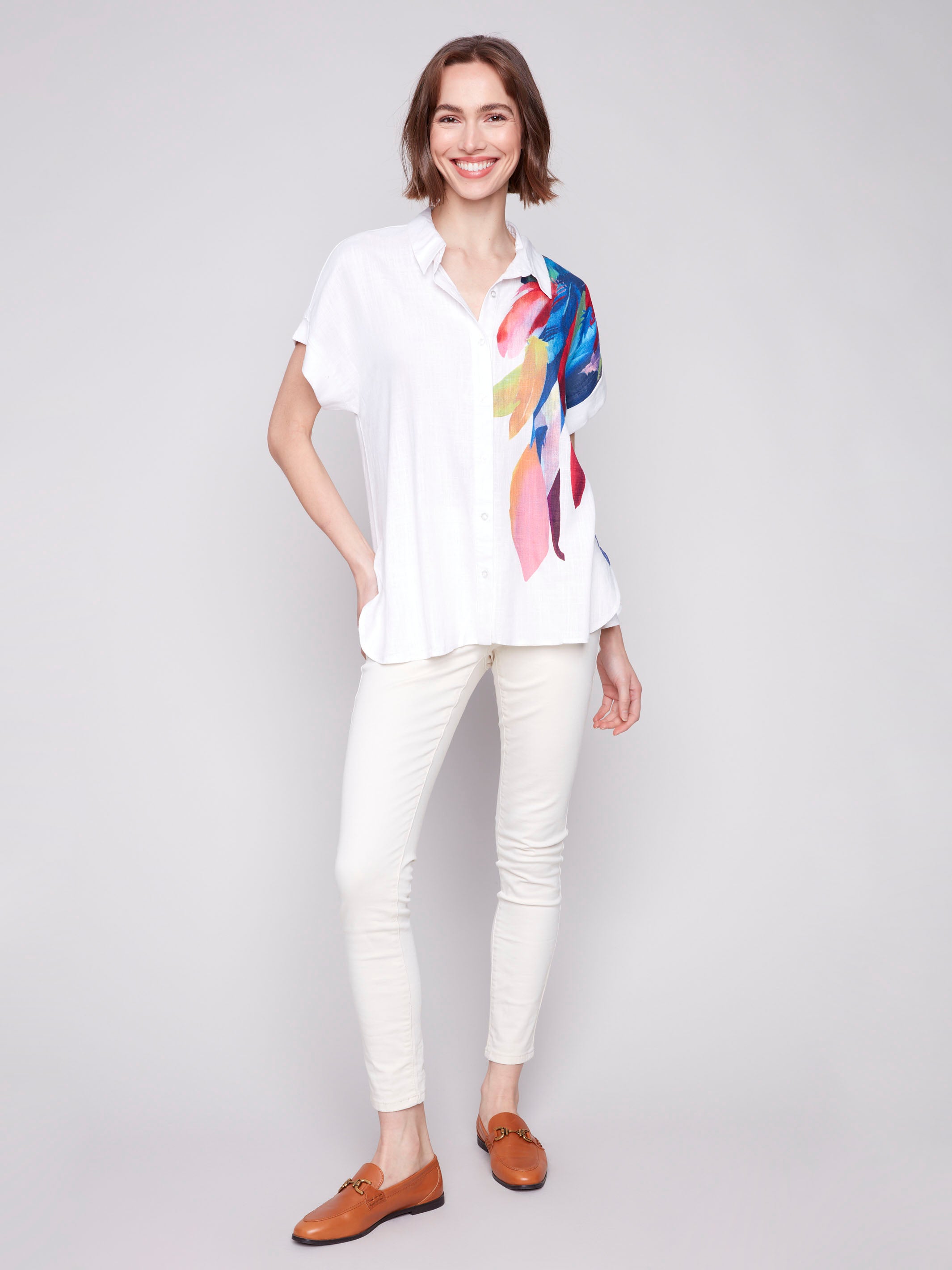 Button-up feather print shirt with dolman sleeves by Charlie B.