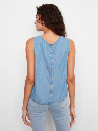 Chic blue top with decorative back buttons and a crew neckline, adding elegance to any outfit by Charlie B.