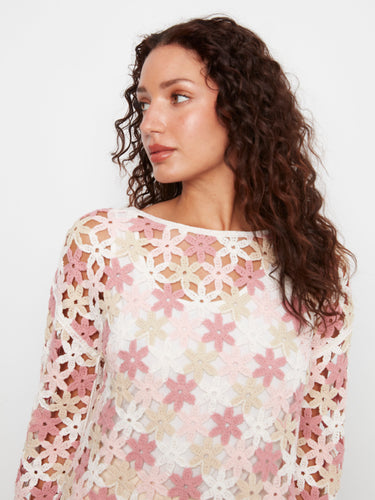 Crochet top in white with pink flowers and drop shoulders by Charlie B.