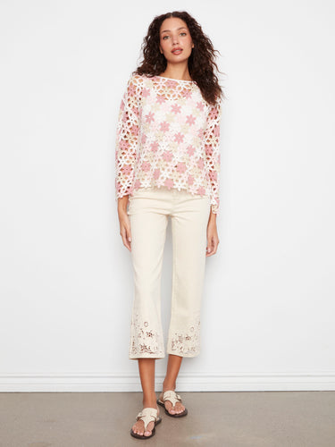 Floral crochet top in white and pink, crafted from a cotton blend by Charlie B.