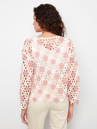 Cotton blend crochet top with intricate floral design in pink hues by Charlie B.