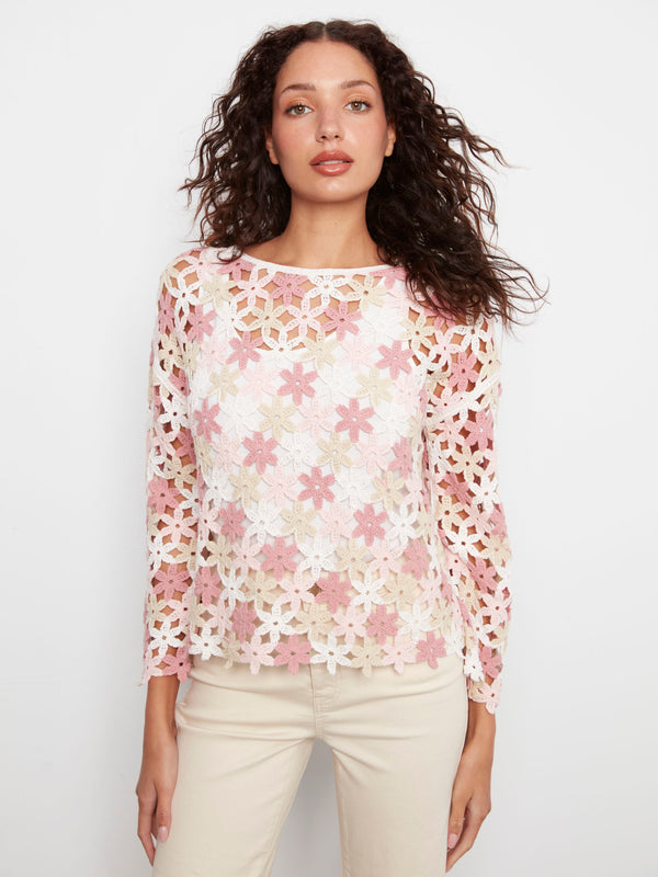 Chic white crochet top adorned with pink flowers and drop shoulders by Charlie B.