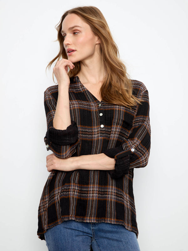 Plaid Double Gauze Blouse - Black