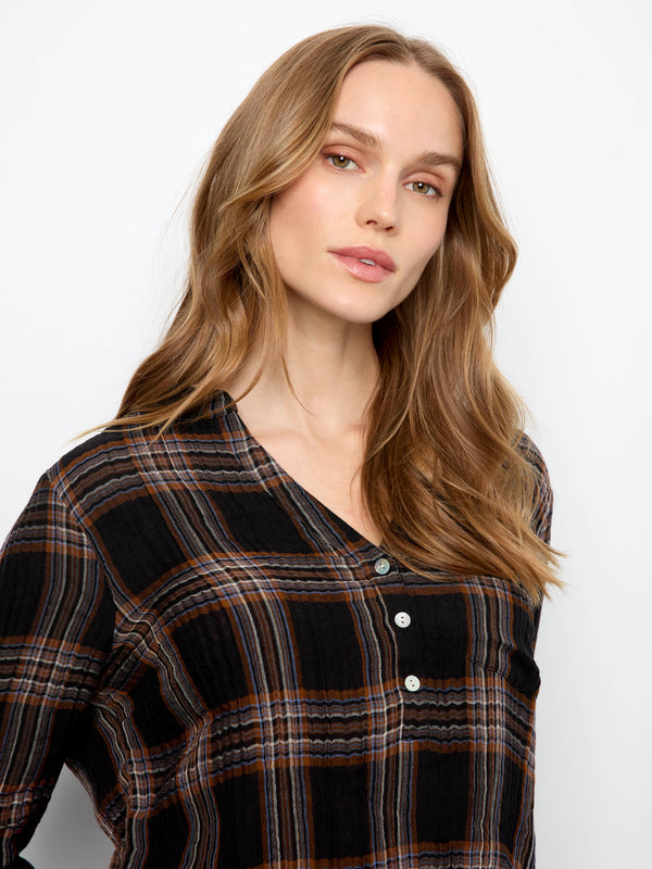 Plaid Double Gauze Blouse - Black