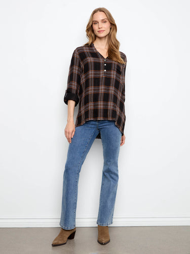 This plaid top is designed with adjustable roll-up sleeves for added versatility in your wardrobe by Charlie B.