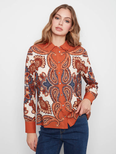 Charming paisley print shirt with long sleeves and a refined button front design, ideal for stylish outings by Charlie B.