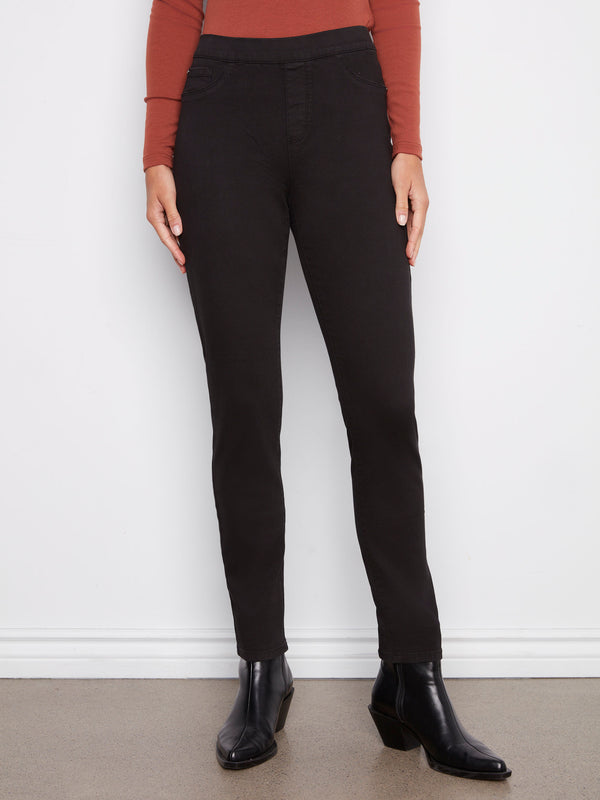 Featuring a pull-on waistband, these black twill pants provide sleek style and easy wear by Charlie B.