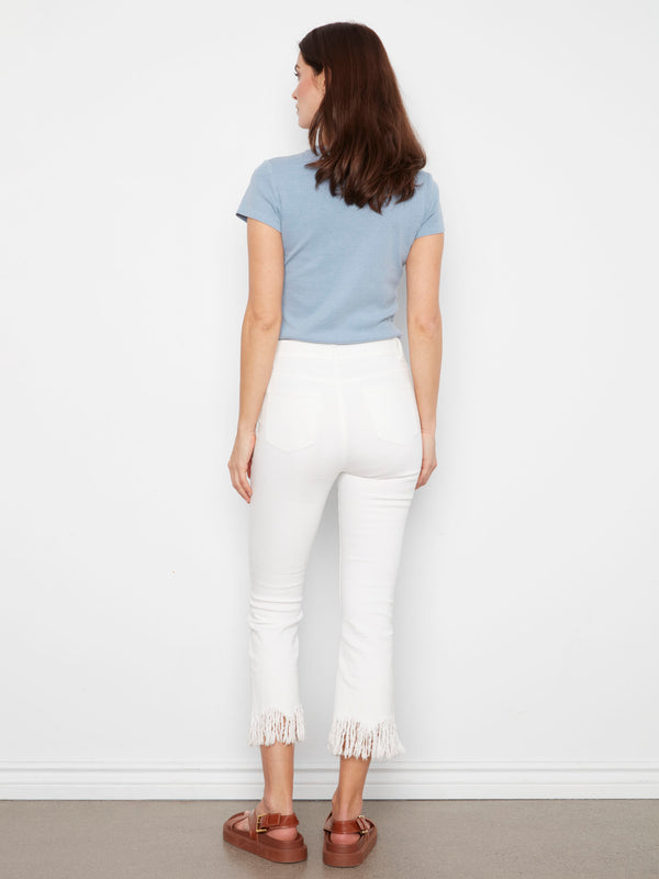 Versatile white cropped jeans designed with classic five-pocket style and durable stretch denim material by Charlie B.