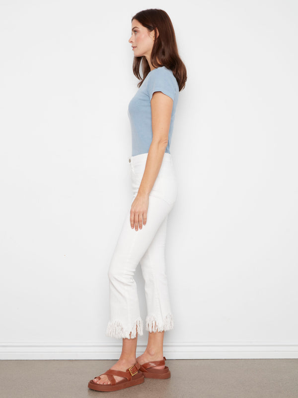 Cropped Jeans With Fringed Hem - White