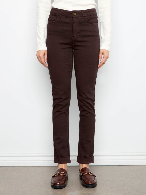 Cuffed Hem Twill Jeans - Coffee
