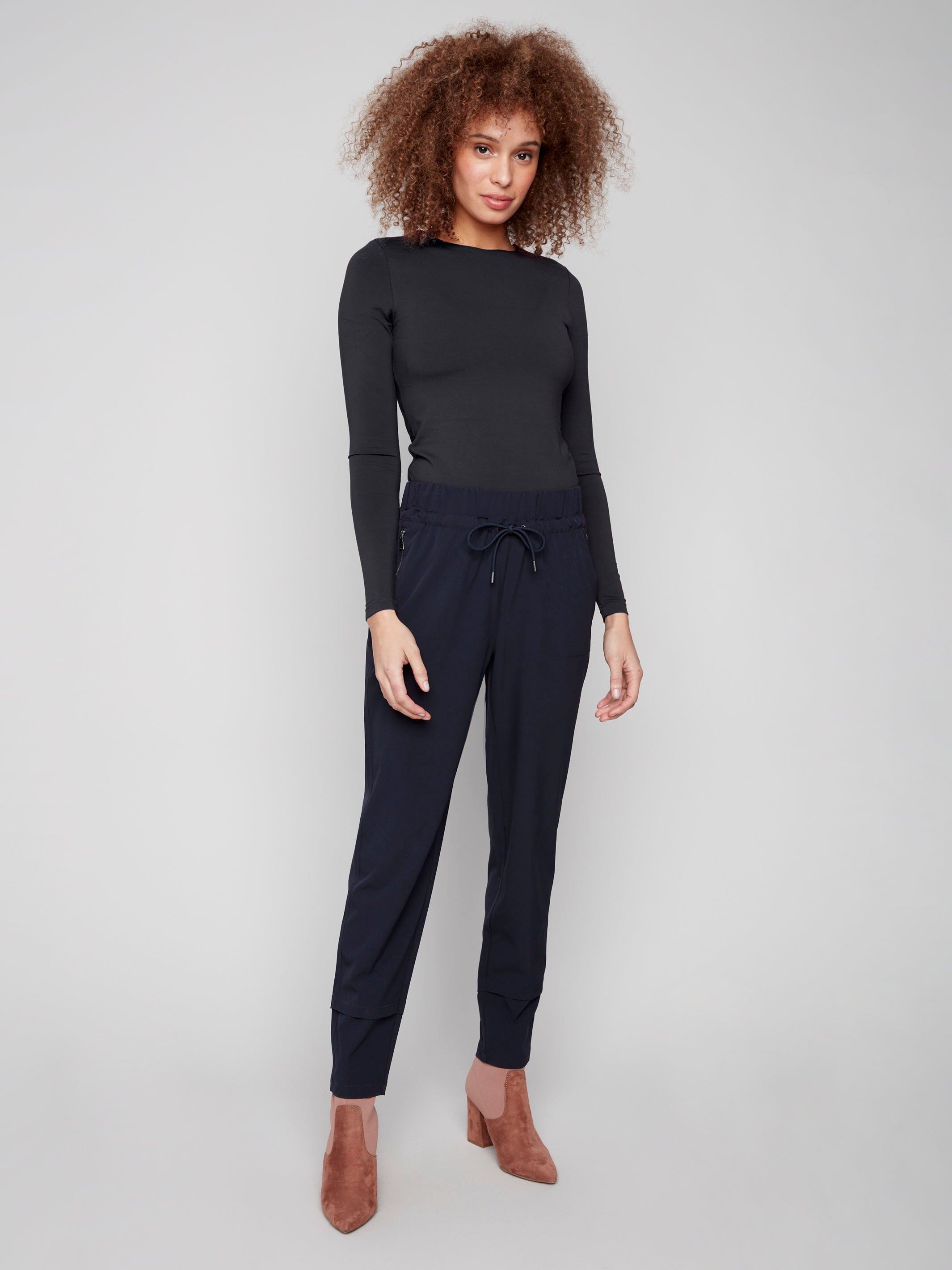 Navy slim-leg techno pants with a relaxed fit and elastic waistband for comfort, featuring pull-on style by Charlie B.