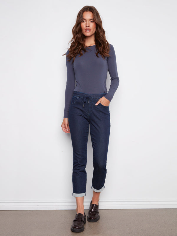 Knit Denim Jogger Pants - Blue Black
