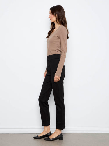 Stylish straight-leg black ponte pants crafted from stretch fabric with ankle-length cut and rolled cuffs by Charlie B.