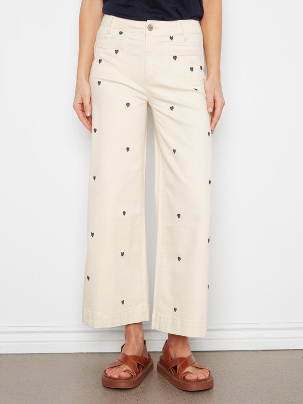Embroidered Cropped Patch Pocket Flare Twill Pants - Natural