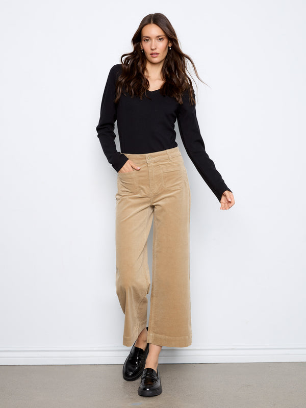Cropped Patch Pocket Wide Leg Corduroy Pants - Latte