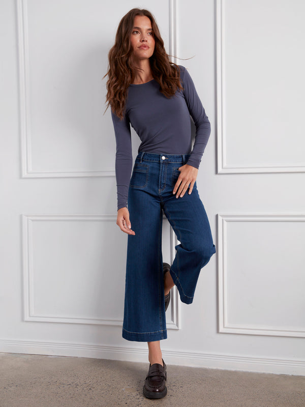 Cotton Blend Long Sleeve Crew Neck Top - Denim