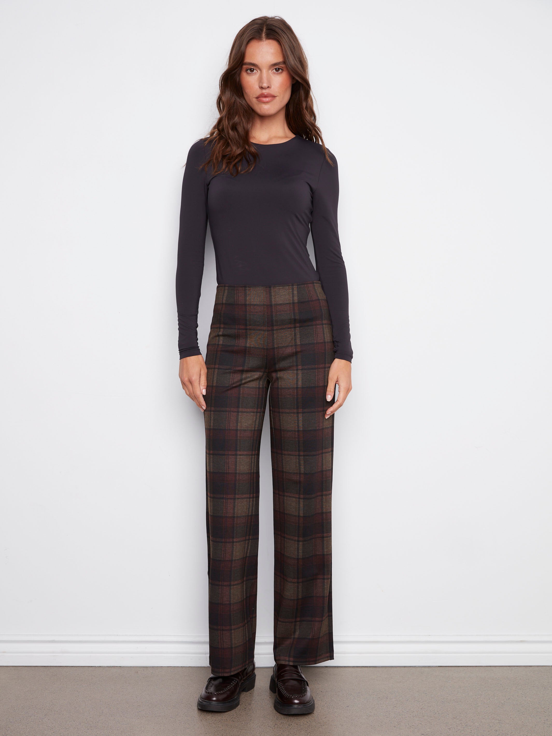 Women's plaid pants in cacao with a wide leg design, showcasing a long length for added style by Charlie B.