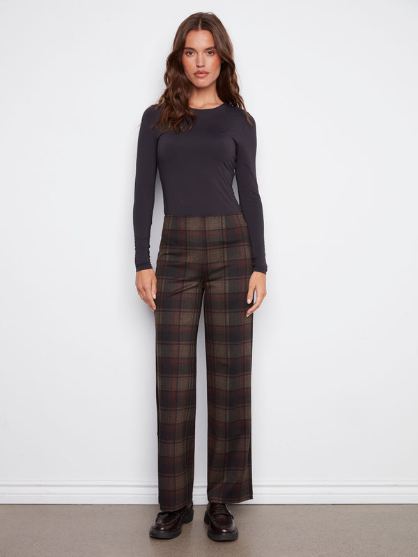 Women's plaid pants in cacao with a wide leg design, showcasing a long length for added style by Charlie B.