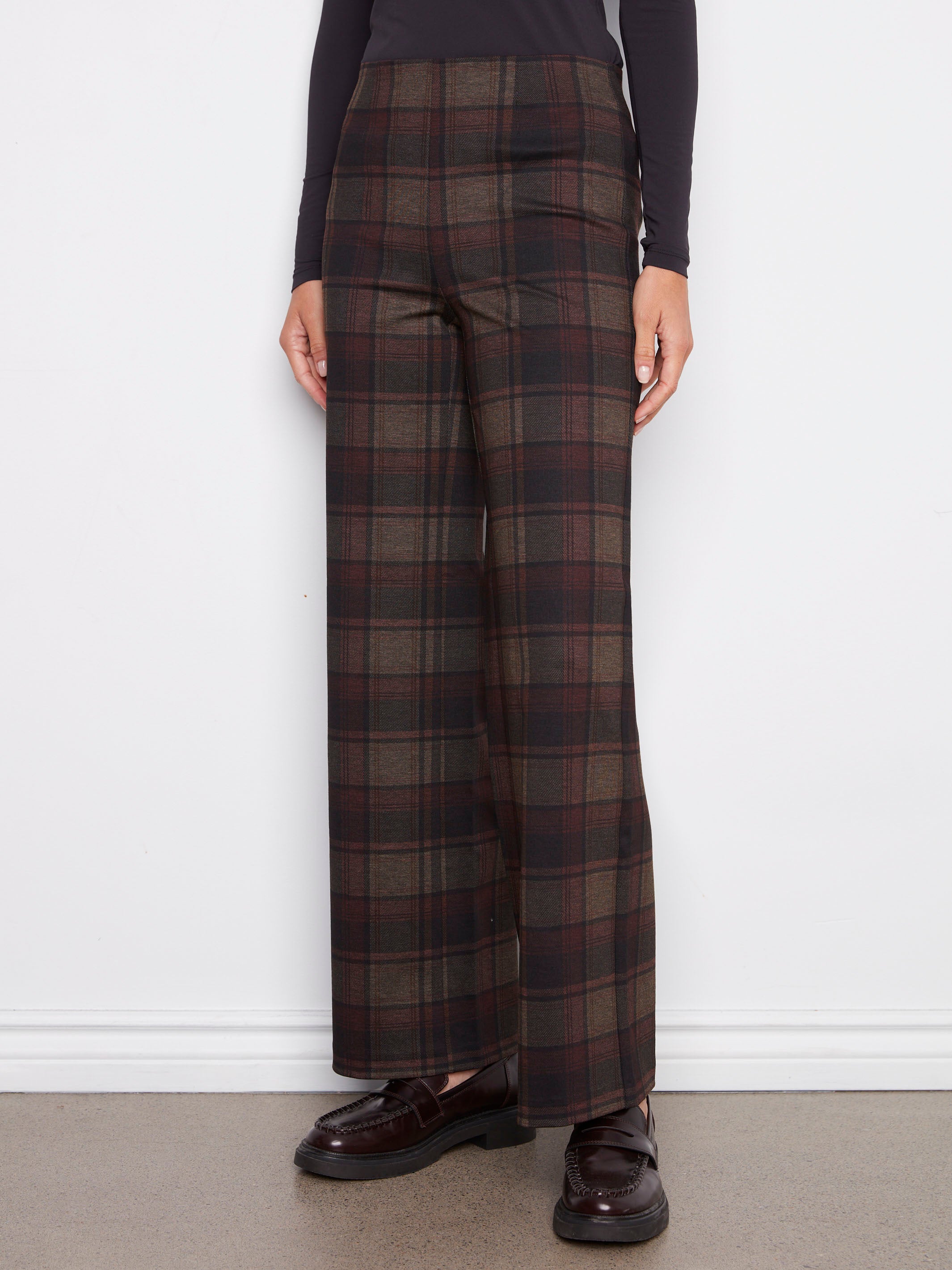 Cacao-colored plaid pants featuring an elastic waistband for comfort and ease by Charlie B.