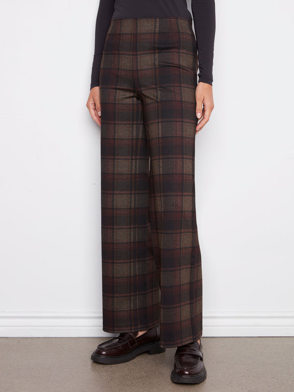 Cacao-colored plaid pants featuring an elastic waistband for comfort and ease by Charlie B.